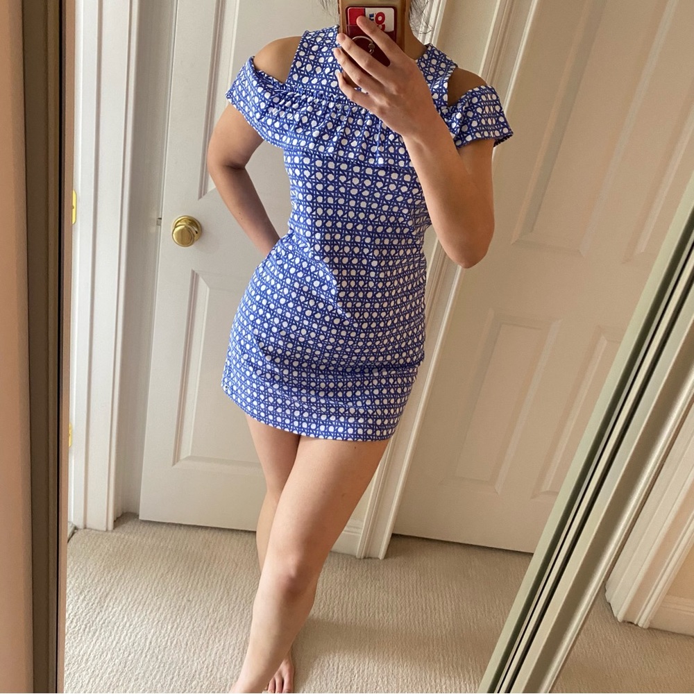 Vineyard Vines Blue White Checkered Ruffled Off Shoulder Tank Dress